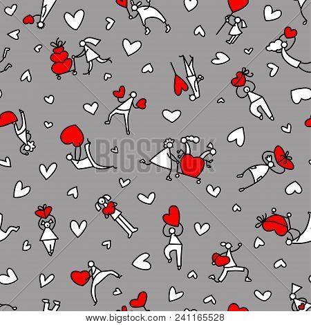 Valentine Day People Seamless Pattern. Background With Shopping Men And Women With Hearts And Shoppi