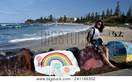 Port Macquarie, Australia - Oct 1, 2017. Girl Posing At The Painted Breakwall. Along The Southern Br