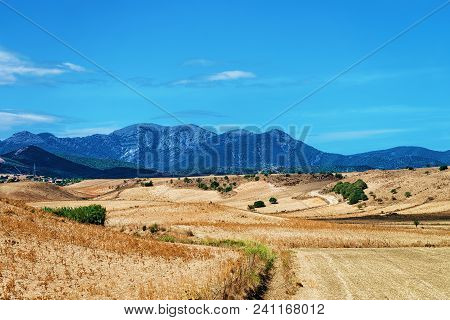 Rural Landscape With Mountains In Villasor, Cagliari, South Sardinia In Italy