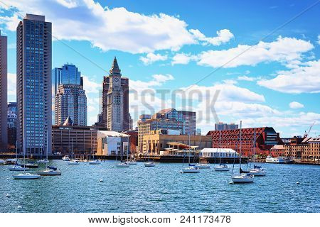 Motorboats And Long Wharf With Customhouse Block, Skyscrapers Of Custom House And Financial District