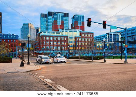 Road In Financial District At North End Park At Cross Street Of Downtown Boston, Massachusetts, The 
