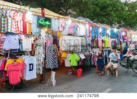 Can Tho, Vietnam - February 27, 2016: Street Market And Stalls With Clothes In Can Tho, In Vietnam