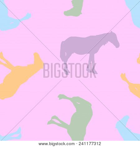 Seamless Pattern. Silhouette Of A Horse. Yellow, Blue, Green On A Pink Background.