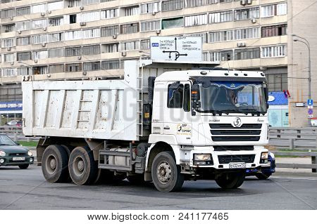 Moscow, Russia - May 2, 2018: Chinese Dump Truck Shacman F3000 In The City Street.