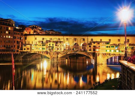 Ponte Vecchio Bridge In Florence In Italy. Late At Evening