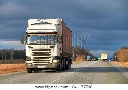 Bashkortostan, Russia - May 4, 2018: Semi-trailer Truck Scania R440 At The Interurban Road.