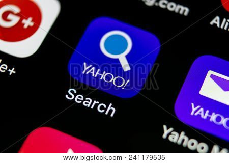Sankt-petersburg, Russia, May 10, 2018: Yahoo Search Application Icon On Apple Iphone X Smartphone S