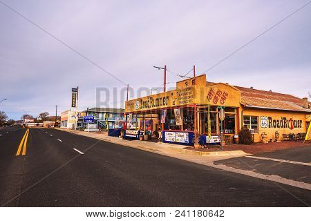 Seligman, Arizona, Usa - January 2, 2018 : Road Runner Restaurant And Souvenir Shop Situated On Hist