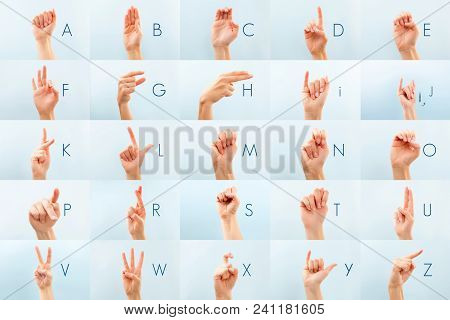 American Sign Language. Alphabet Nonverbal Letter. Isolated On Blue.