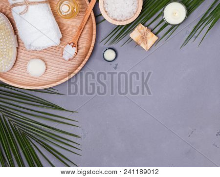 Spa Essentials On The Grey Background, Top Ivew