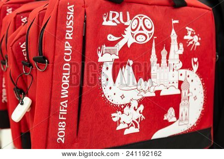 Moscow, Russia - April 21, 2018: Red Laptop Bag In A Gift Shop With World Cup Fifa 2018 Mundial Symb