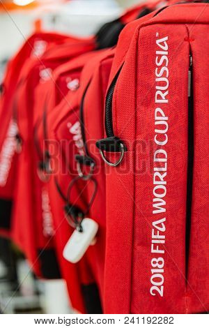 Moscow, Russia - April 21, 2018: Red Laptop Bag In A Gift Shop With World Cup Fifa 2018 Mundial Symb
