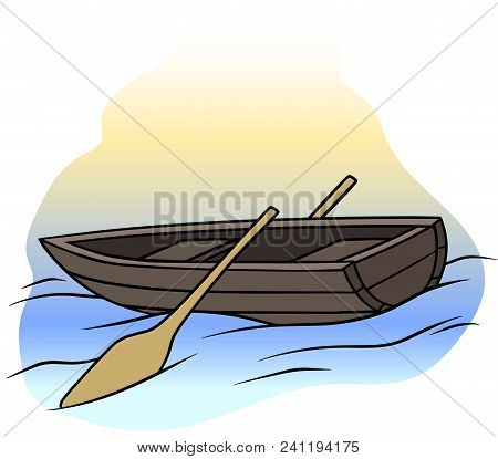 Cartoon Wooden Brown Rowboat With Two Oars On Water. Vector Icon.