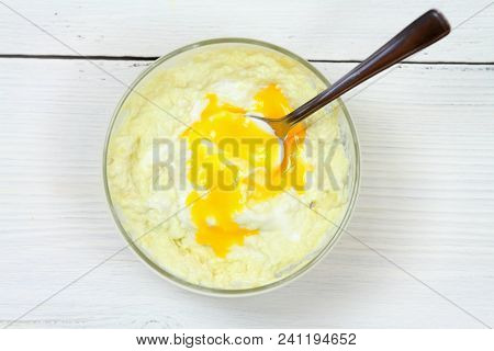 Avocado, Olive Oil, Yogurt And Egg Yolk For Hair Mask.  Natural Ingredients For  Smoothening, Soften