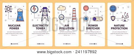 Vector Set Of Vertical Banners With Nuclear Power, Electricity Tower, Air Pollution, Power Switcher,