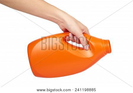 Orange Plastic Detergent Bottle With Hand Isolated On White Background.