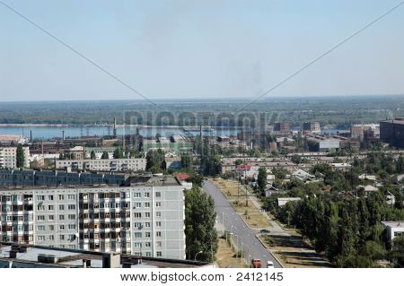 Russland. die Stadt Wolgograd. eine Art auf die Stadt von der Höhe des Vogels Flug.