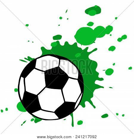 Soccer, Football Ball And Artistic Green Splatter Vector Illustration Isolated Over White. Sport Gam