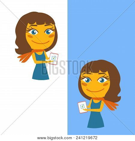 Back To School. Vector Smiling Cartoon Teacher And Lettering Inscription Isolated On White And Blue 