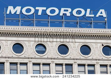 Chicago - Circa May 2018: Motorola Solutions Logo Atop The Railway Exchange Building. Motorola Provi