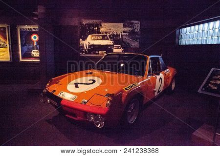 Naples, Florida, Usa - May 5, 2018:  Orange 1970 Porsche 914 Gt Displayed At The Revs Institute In N