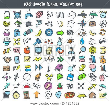 Vector Doodle Icons Set. Stock Cartoon Signs For Design.