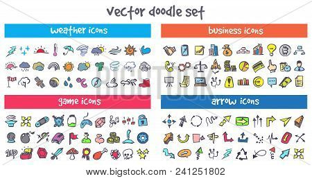 Vector Doodle Icons Set. Stock Cartoon Signs For Design.