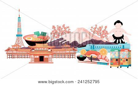 The Concept Of Japan Travel With Tokyo Tower, Fuji Mountain, Cherry Blossom, Sumo, Ramen, Temple, Sh