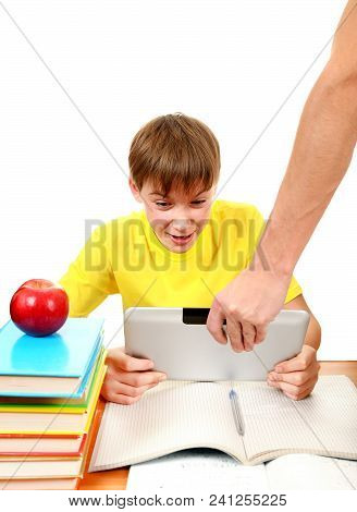 Parent Dragging Tablet Computer From A Son On The White Background