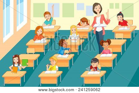 Elementary Teacher Having A Class With Large Group Of Children.