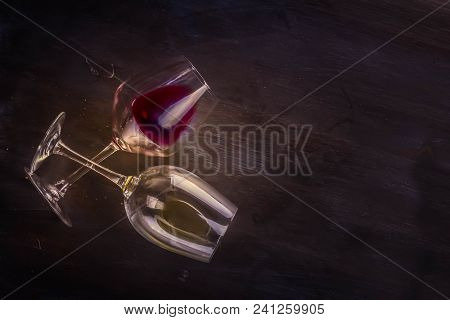 Two Wine Glasses On Table, Top View Scene With Copy Space Toned Image