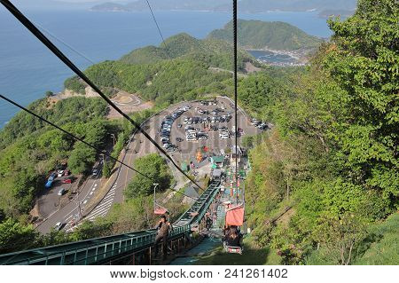 Fukui Japan - May 05, 2018: Unidentified People Take Cable Car At Mikatagoko National Park Lake Dist