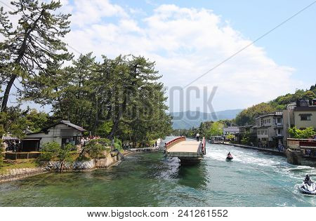 Kyoto Japan - May 04, 2018: Unidentified People Visit Rotating Bridge At Amanohashidate Kyoto Japan.