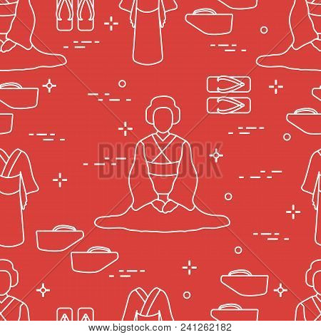 Seamless Pattern With Asian Woman, Traditional Japanese Clothing, Shoes. Travel And Leisure.