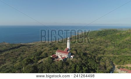 Aerial View Of Lighthouse On Hill. Cape Bojeador Lighthouse, Burgos, Ilocos Norte, Philippines.