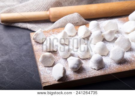 Pelmeni. Homemade Pelmeni. Dumpling With Meat. Uncooked Food.