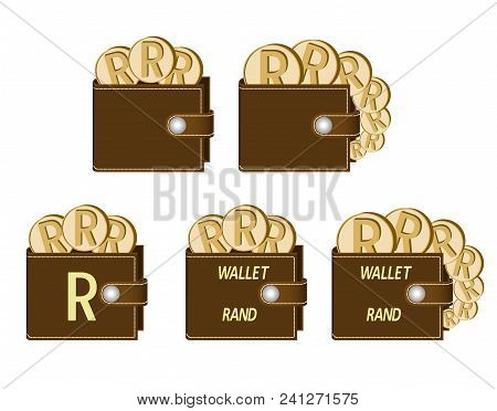 Set Of Brown  Wallets With Rand Coins On A White Background , Currency In The Wallet,sign And Symbol