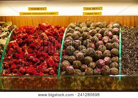 Racks Of Tea And Spice Varieties Sold At Istanbul Spice Bazaar In Muted Color Tone. There Are Dried 