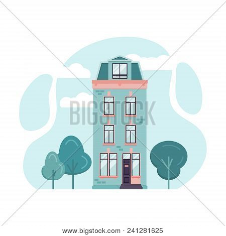 Hollandian Classic Building Facade In Flat Style. Cartoon Illustration Of Amsterdam Tall House. Vect