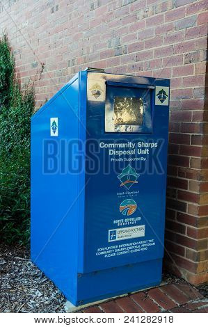 Leongatha, Australia - January 28, 2018: Community Sharps Disposal Unit In Leongatha In South Gippsl