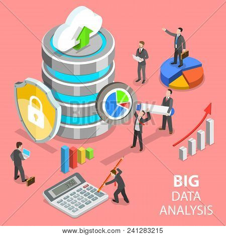 Flat Isometric Vector Concept Of Big Data Analysis, Distributed Database.