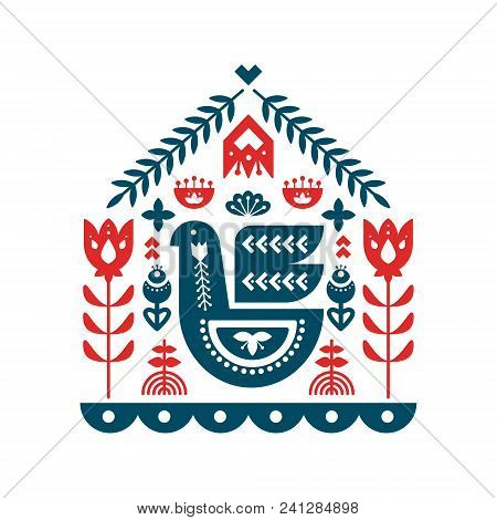 Nordic Ornaments, Folk Art Pattern. Bbird,   Floral And Decorative Elements. Vector Illustration.