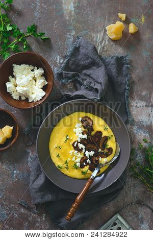 Cheesy Italian Polenta With Fryed Mushrooms, Parmesan And Goat Milk Cheese And Herbs, View From Abov