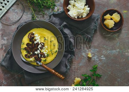 Cheesy Italian Polenta With Fryed Mushrooms, Parmesan And Goat Milk Cheese And Herbs, View From Abov