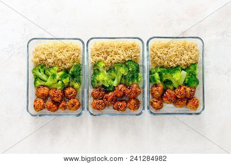 Asian Style Teriyaki Sauce Chicken Meat Balls With Broccoli And Rice Prepared And Put In A Take Away