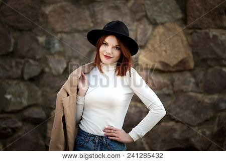 Lifestyle Fashion Portrait Of Young Stylish Hipster Woman Walking On The Street