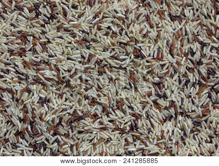 Texture Of Rice Grains, Black, White And Red. Organic Food. Close Up