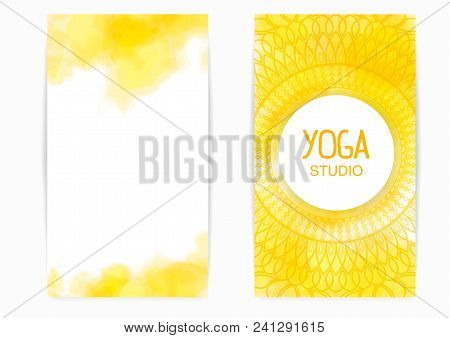 Set Design Template Brochures, Cards, Invitations, Flyers For A Yoga Studio With Yellow Fog Watercol