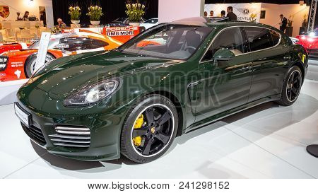 Amsterdam - April 16, 2015: Porsche Panamera Turbo Sports Car Showcased At The Autorai Motor Show.