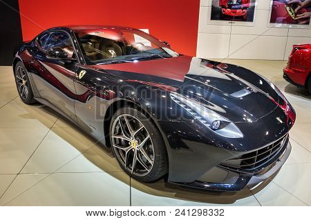 Brussels - Jan 12, 2016: Ferrari F12 Berlinetta Sports Car Showcased At The Brussels Motor Show.